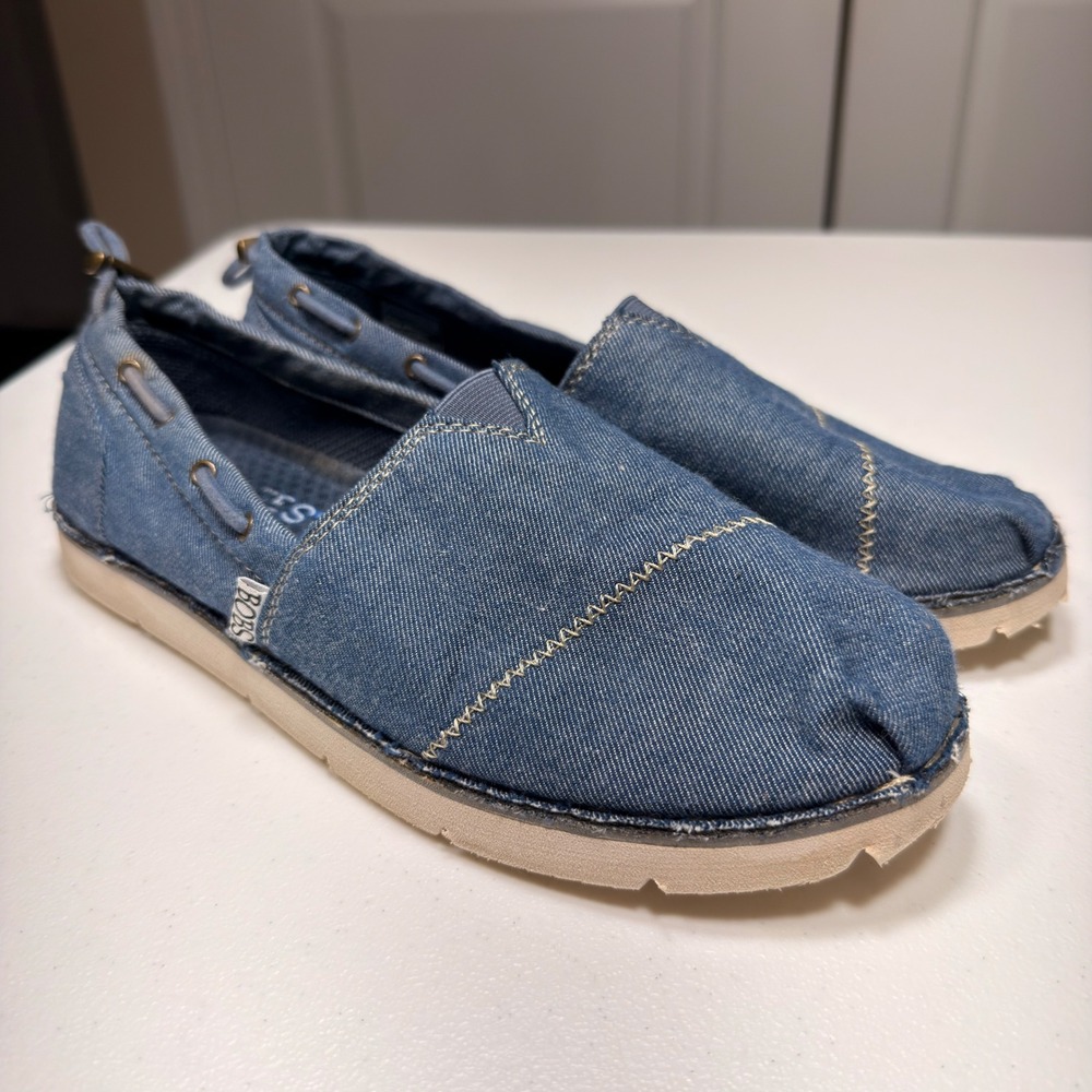 Skechers BOBS Denim Slip On Loafers Navy Blue Boat Shoes 34315 Womens Size 8.5